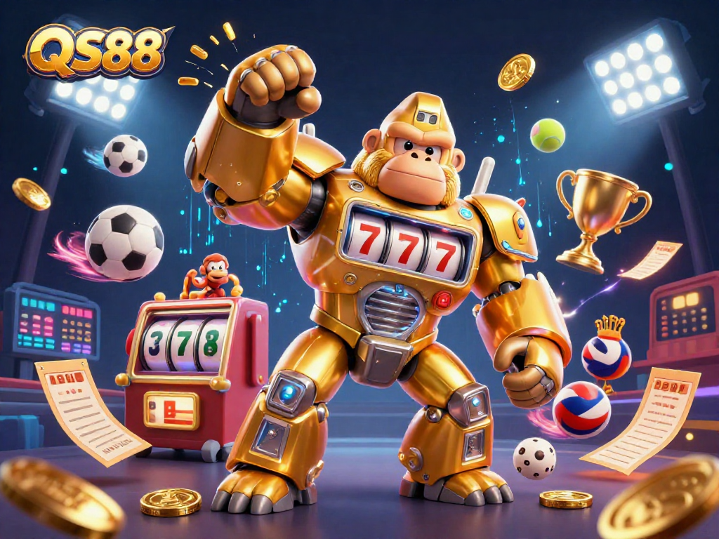 Engage with QS88's dynamic gaming experience as the golden gorilla mech launches coins in a vibrant casino setting.