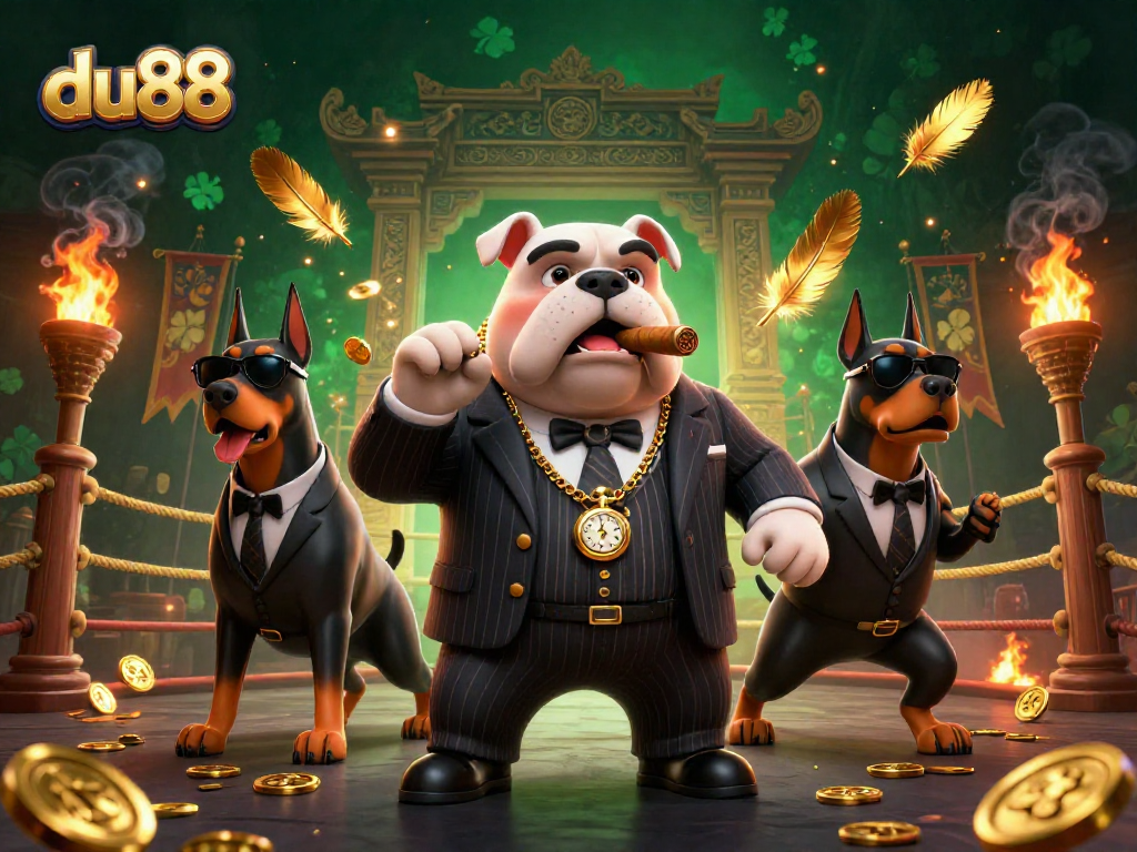 Experience the thrill of du88 with a mafia-themed casino illustration featuring dogs and gold!