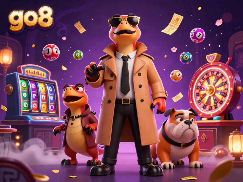 go8 raptors in trench coat entering VIP casino, vibrant games and effects surround them