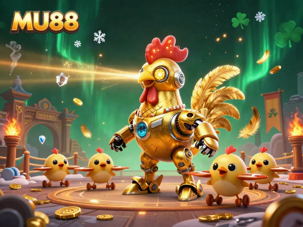 Experience MU88 in a vibrant, dynamic scene with a golden rooster robot and energetic baby chick drones.