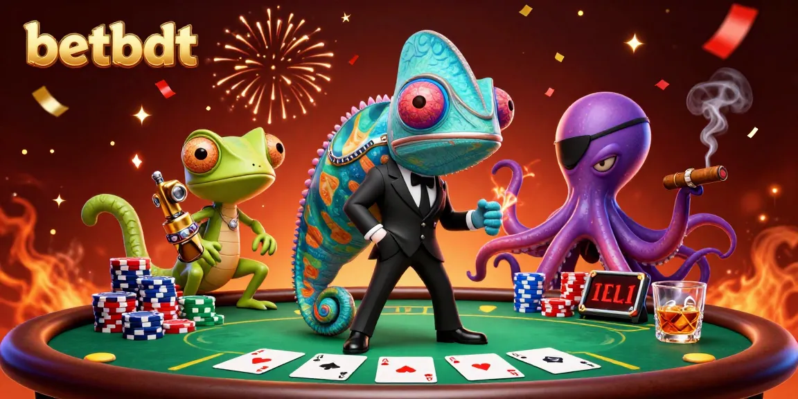 Experience thrilling poker action with betbdt's secret agent chameleon and companions in a vibrant casino scene.