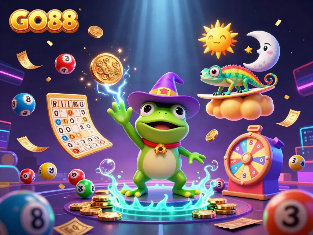 Win exciting rewards at GO88 with a vibrant 3D scene of lucky characters enjoying casino fun.