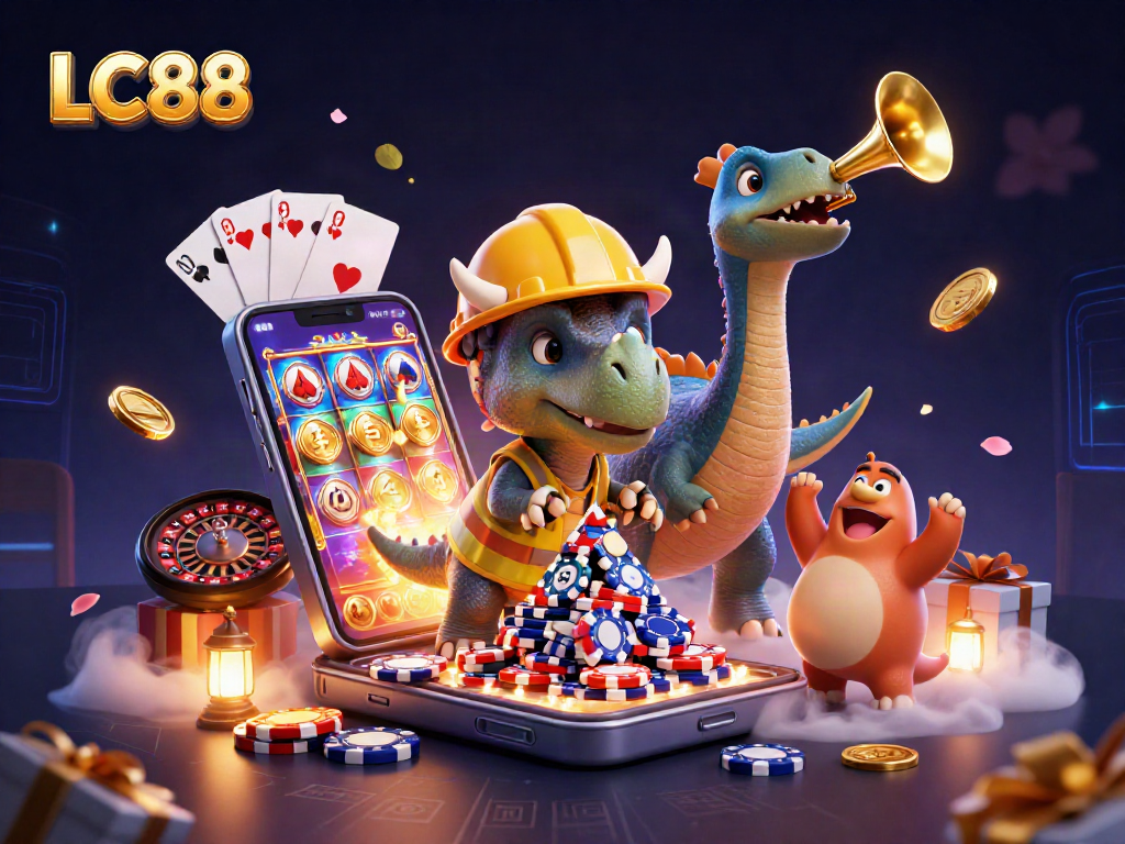 LC88 inspired cartoon scene of triceratops building poker chip pyramid amidst dynamic casino elements.