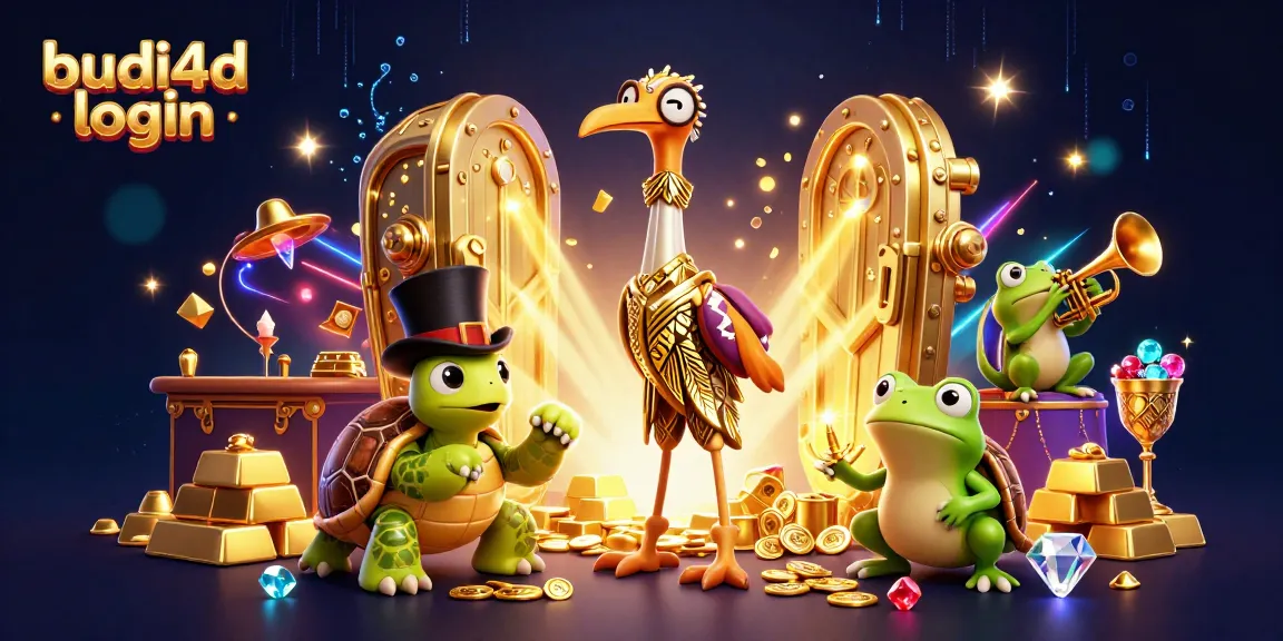 Experience the thrill of budi4d login through vibrant casino illustration with gold treasures and lively characters.