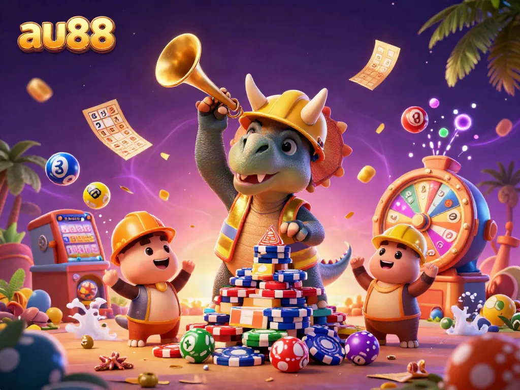 Experience excitement at au88 with triceratops building poker chip pyramids in a vibrant casino scene.