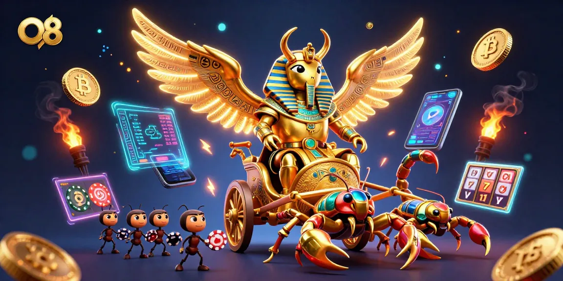 Experience the excitement of O8 with a grand casino scene featuring a golden beetle chariot and poker chip themes.