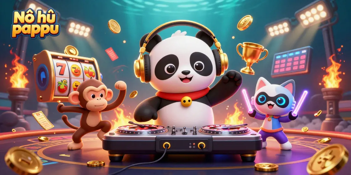 Nổ hũ pappu game features a DJ panda and monkey enjoying vibrant casino-style excitement.