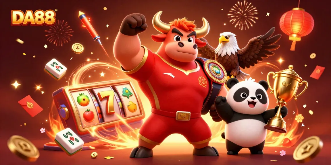 Experience the thrill at DA88 with a victory pose from our bull mascot amidst vibrant slot symbols.