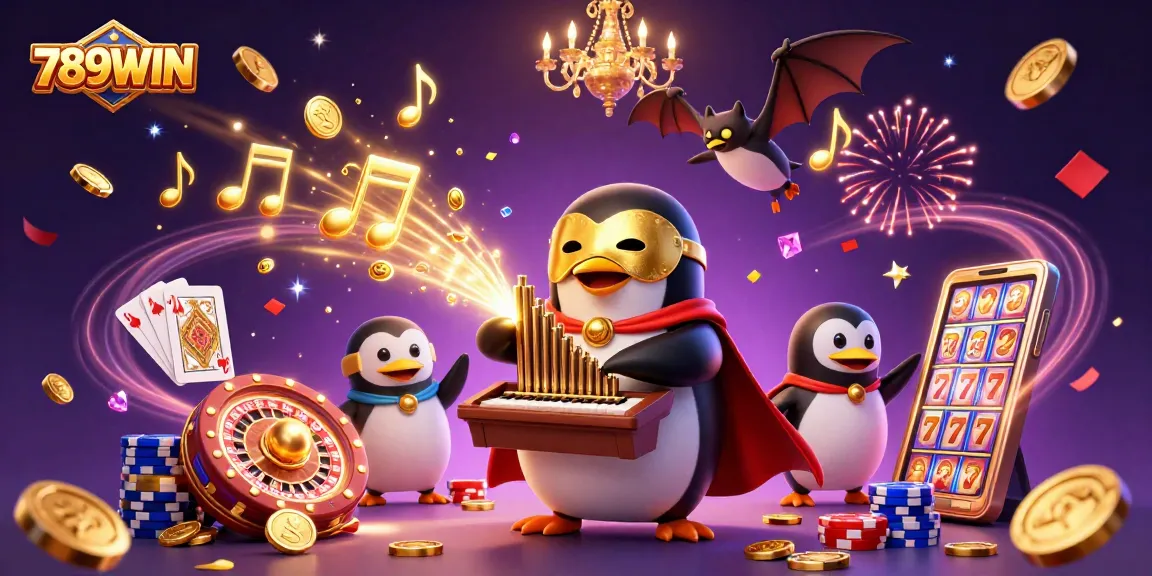 Experience 789WIN with golden coins cascading from a penguin's organ in a vibrant casino scene.