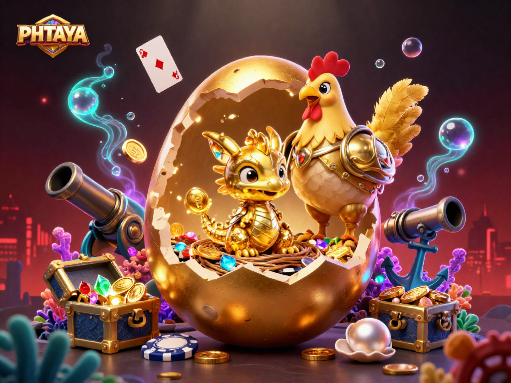 PHTAYA showcases a golden dragon and poker tokens amidst vibrant casino-themed elements, including glowing treasures and cards.