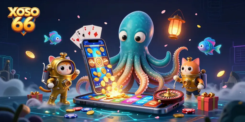 XOSO 66 immerses players in thrilling slots action with a vibrant underwater casino scene full of gaming elements.