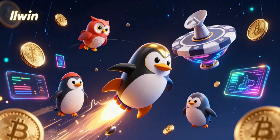 Experience thrilling gaming with llwin in this dynamic 3D scene featuring a golden penguin and casino elements.
