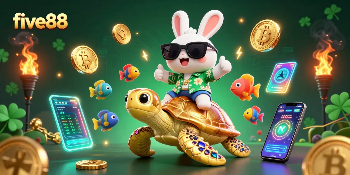 Experience thrilling gameplay at five88's vibrant cartoon casino scene with lucky characters and crypto elements.