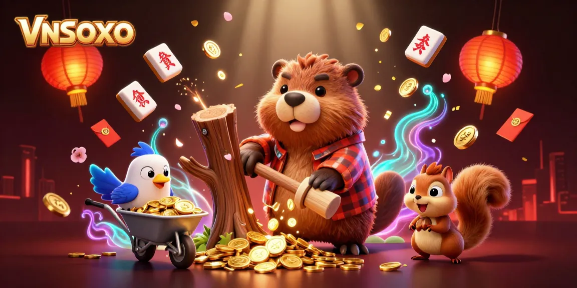 Collect coins with VNSOXO in a vibrant online casino illustration featuring playful cartoon characters.