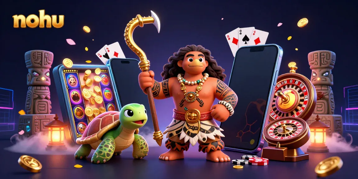 Nohu slot gaming scene featuring a demigod hawk, turtle sidekick, and vibrant casino symbols.