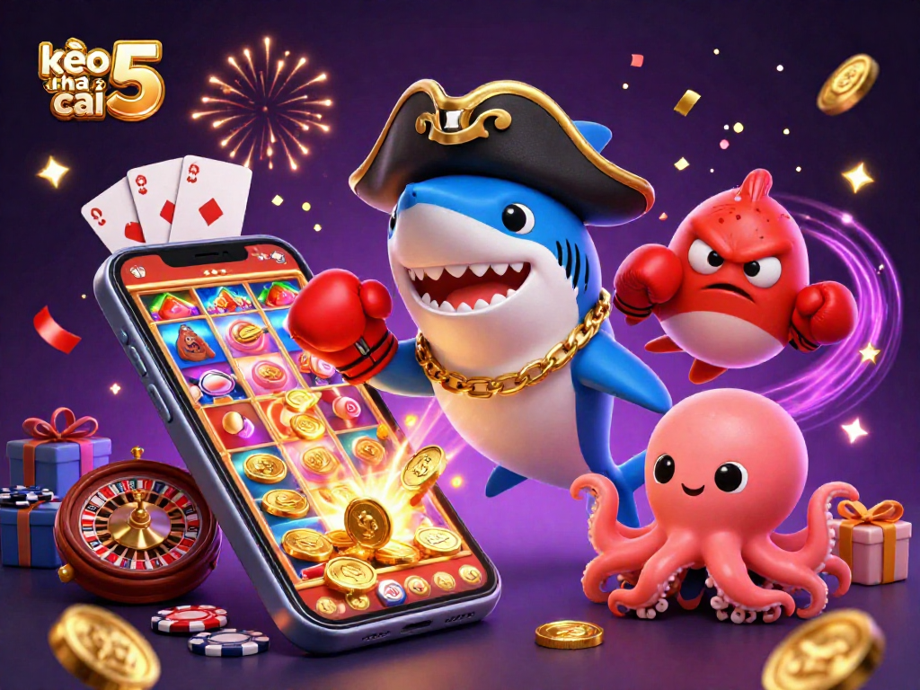 Engage with kèo nhà cái 5 as the cartoon pirate shark and friends celebrate with casino games.