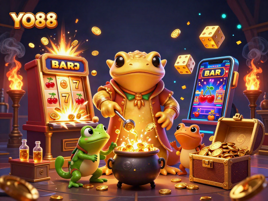 Experience YO88's thrilling casino action with a dynamic scene bursting with gold coins and vibrant gaming elements.
