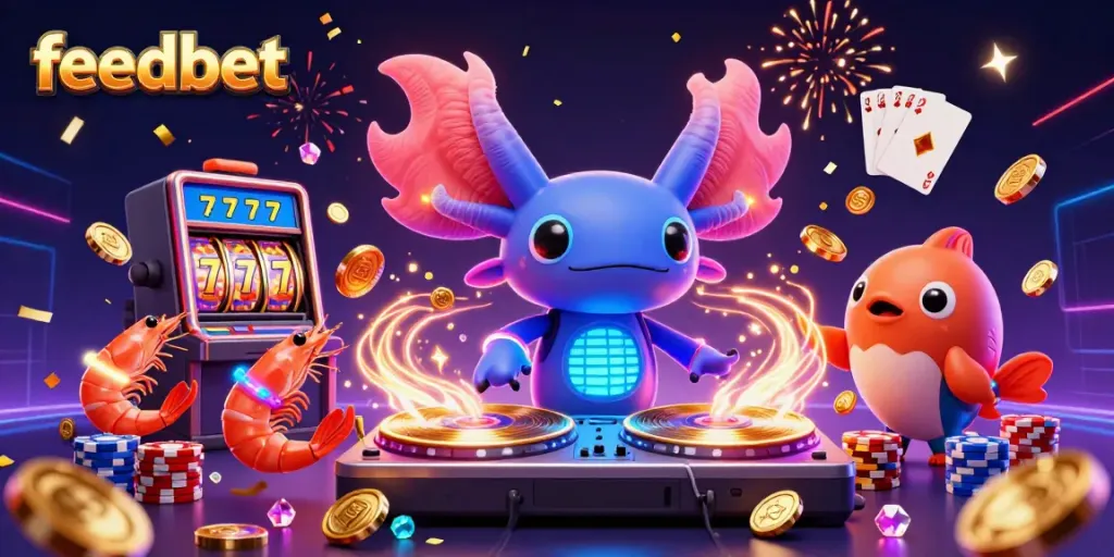 Experience the excitement of feedbet with vibrant casino characters amidst slot machine reels and sparkling treasures.
