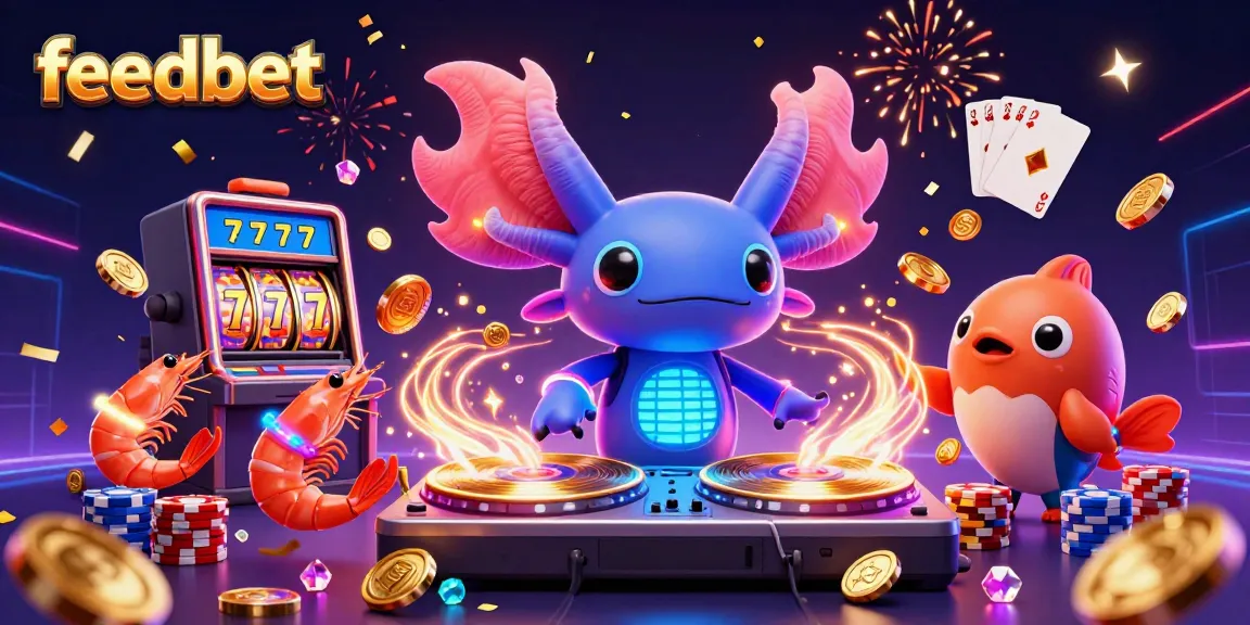 Experience the excitement of feedbet with vibrant casino characters amidst slot machine reels and sparkling treasures.