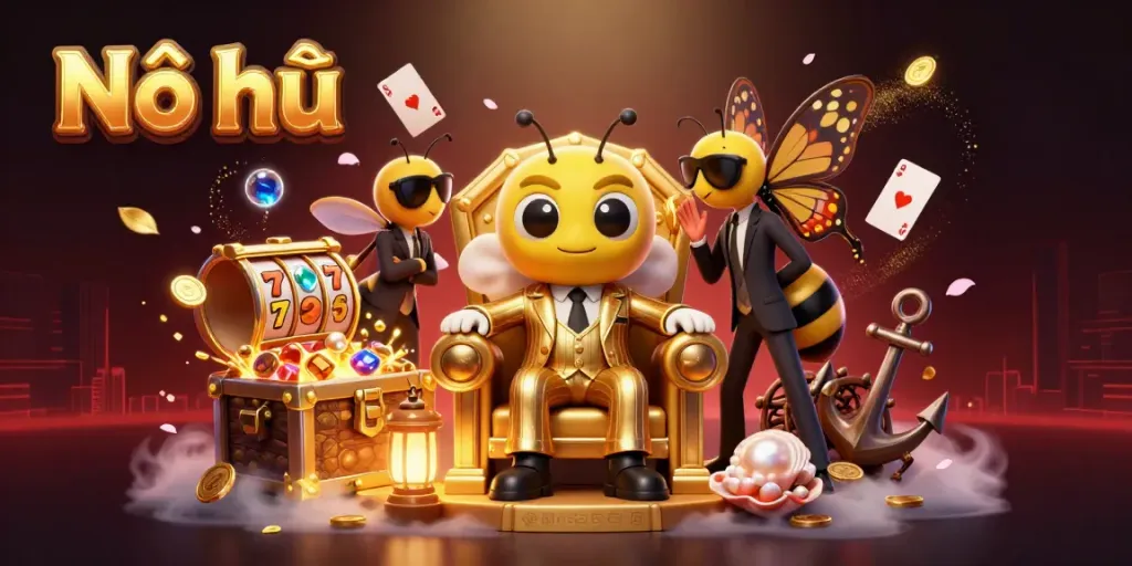 Nổ hũ game illustrated with a bumblebee boss and vibrant slot elements in a golden throne scene.