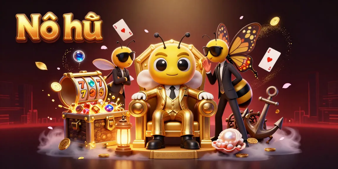 Nổ hũ game illustrated with a bumblebee boss and vibrant slot elements in a golden throne scene.