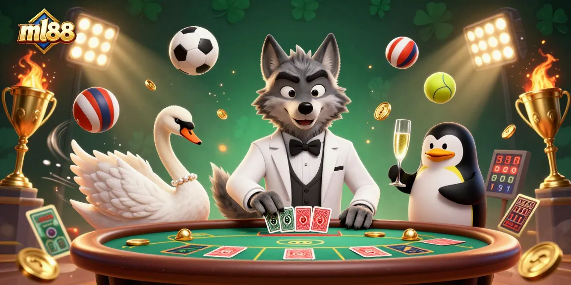 Experience the excitement of ml88 with vibrant characters and dynamic sports elements in this 3D casino illustration.