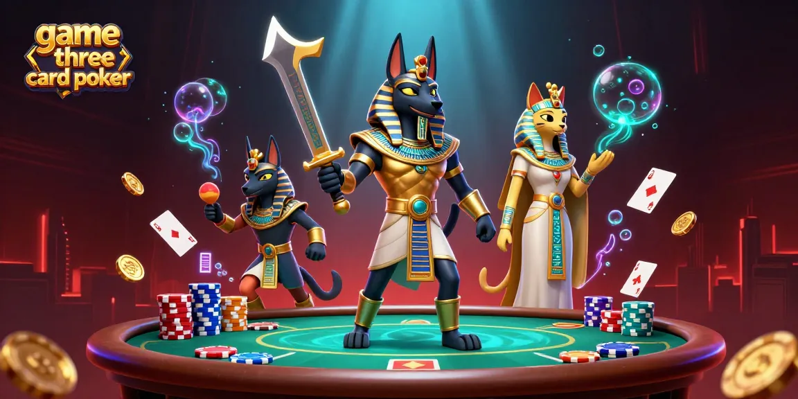 Engage in the game three card poker with iconic elements in a vibrant, dynamic scene.