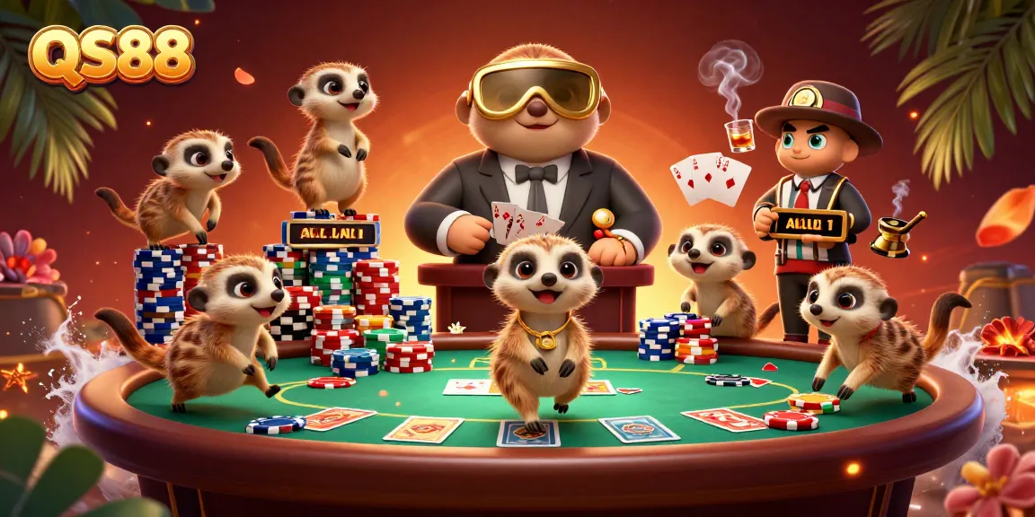 Experience the thrilling vibe of QS88 as meerkats run a vibrant casino operation with poker elements and colorful chips.