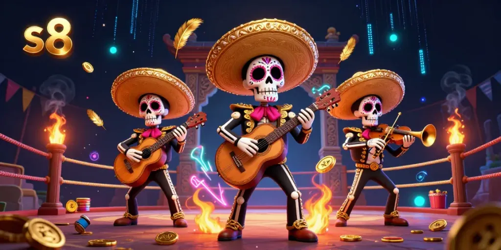 Engage in thrilling gameplay with S8's vibrant Day of the Dead themed mariachi band and dynamic casino elements.