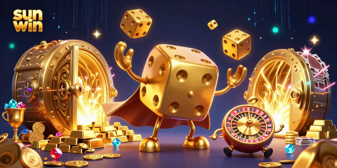 Experience sun win action in an ultra-detailed 3D casino illustration with dynamic dice and treasure.