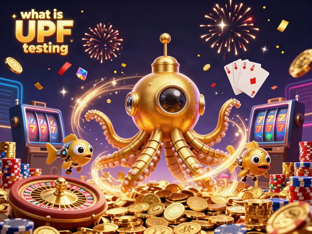 Experience engaging gambling with what is UPF testing, featuring a golden kraken submarine amidst flying coins and a roulette wheel.