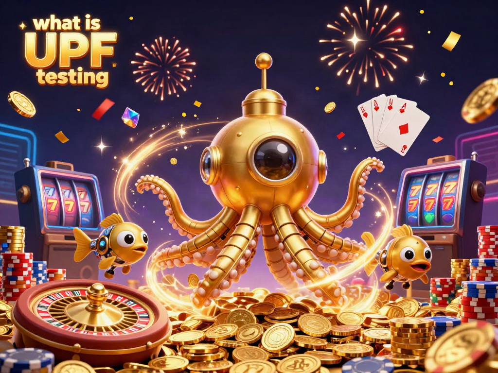 Experience engaging gambling with what is UPF testing, featuring a golden kraken submarine amidst flying coins and a roulette wheel.