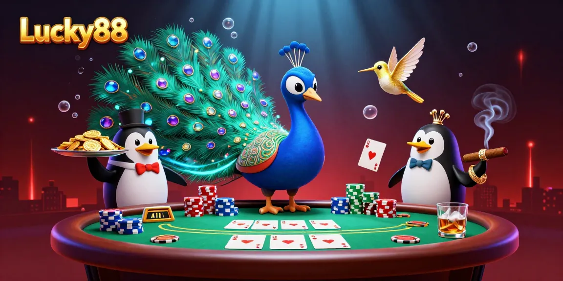 Experience the vibrant action of Lucky88 with a peacock, penguin, and hummingbird in an exciting poker scene.
