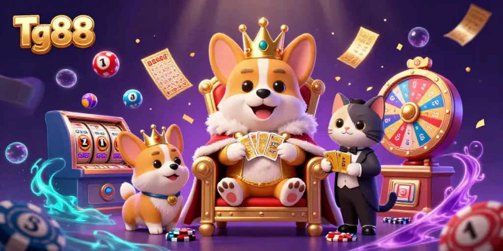Tg88 captivates players with a royal corgi surrounded by casino fun and excitement in a vibrant 3D illustration.