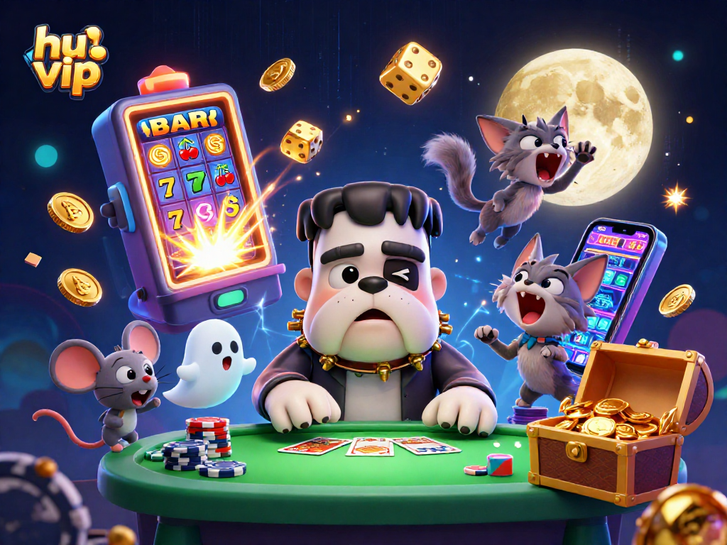 Engage with hu vip while enjoying a thrilling 3D cartoon casino scene featuring lively characters and exciting gaming elements.