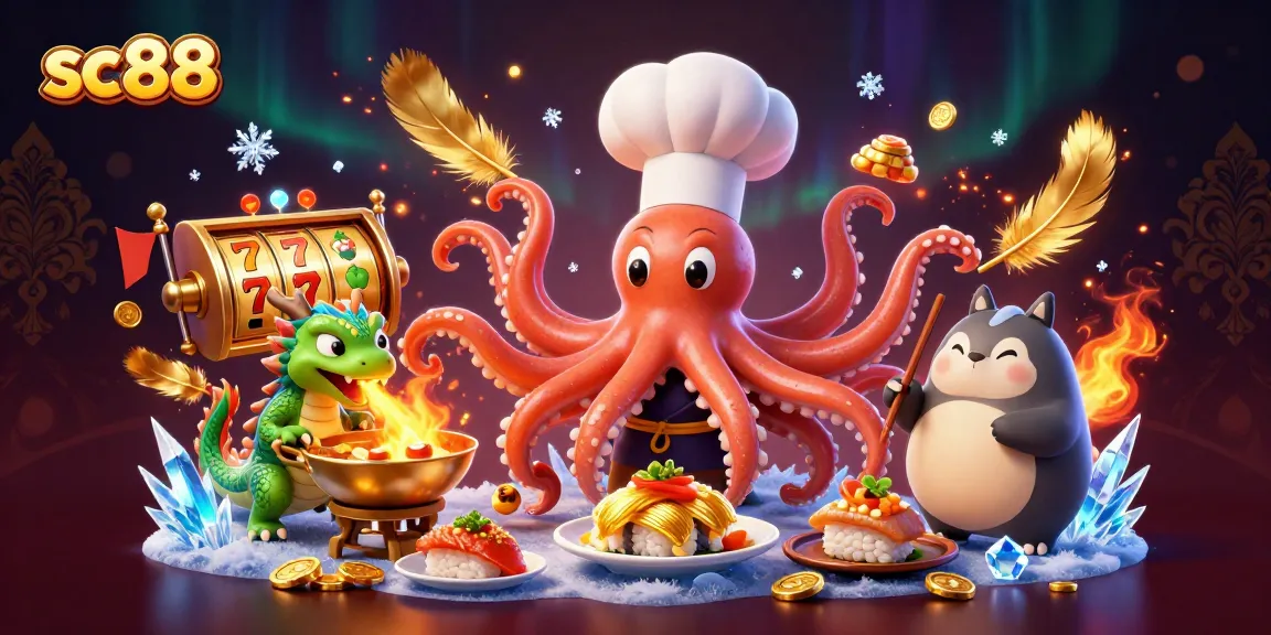Play exciting games at sc88 with sushi chef octopus and wasabi dragon in a rich casino scene.