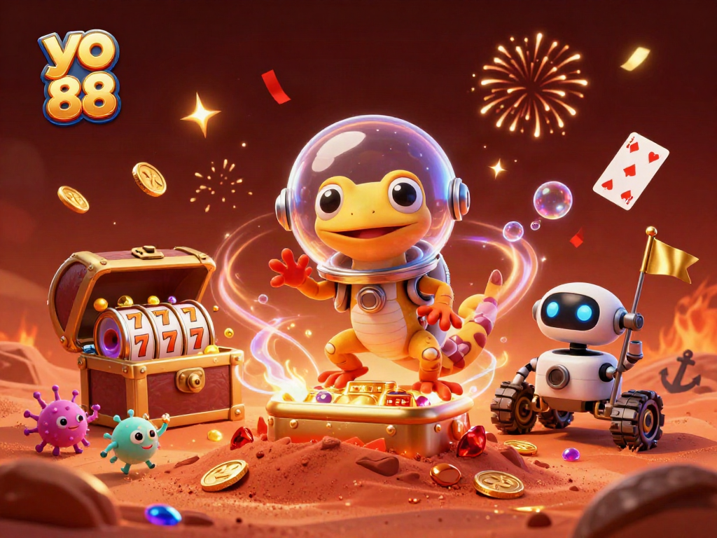 Experience the thrilling world of yo 88 with a Martian gecko discovering a golden casino amidst vibrant casino elements.