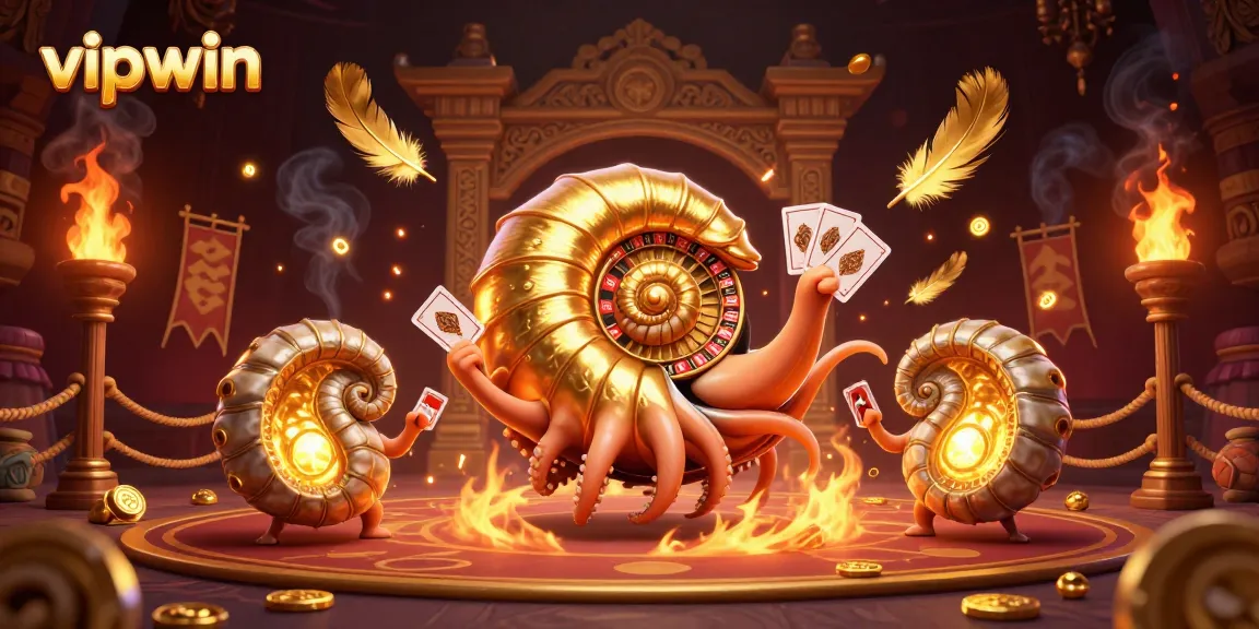 Play exciting games at vipwin with a vibrant 3D casino illustration featuring nautilus and cards.