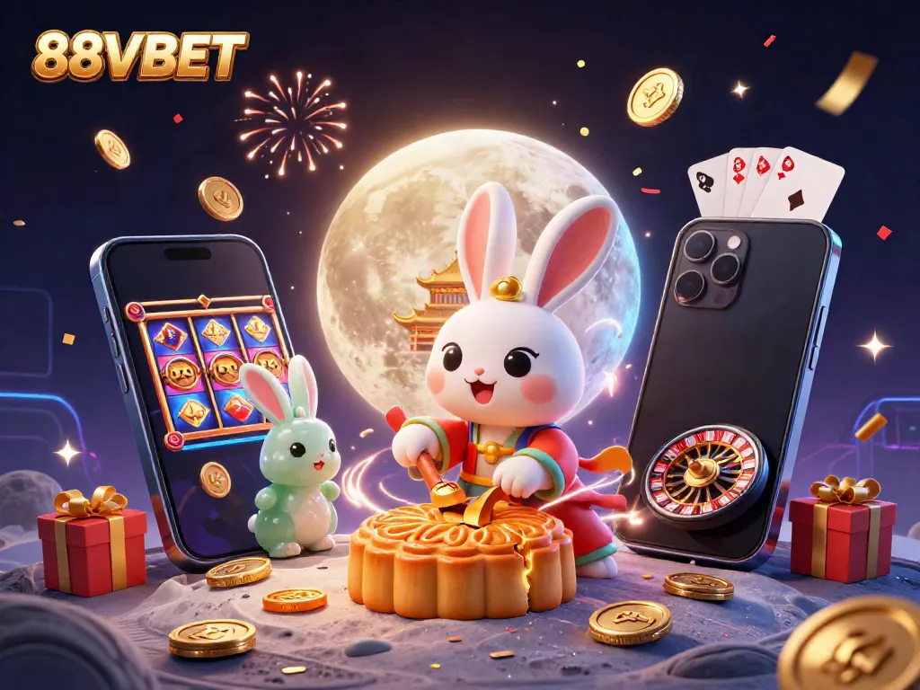 Experience exciting gameplay with 88VBET as the moon rabbit reveals poker chips in a vibrant 3D scene.