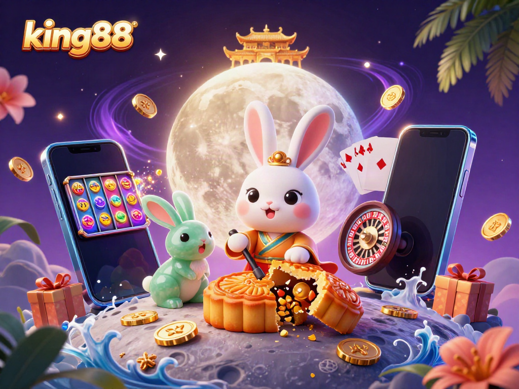 Engage with king88 in a whimsical 3D setting featuring a moon rabbit, poker chips, and captivating casino games.