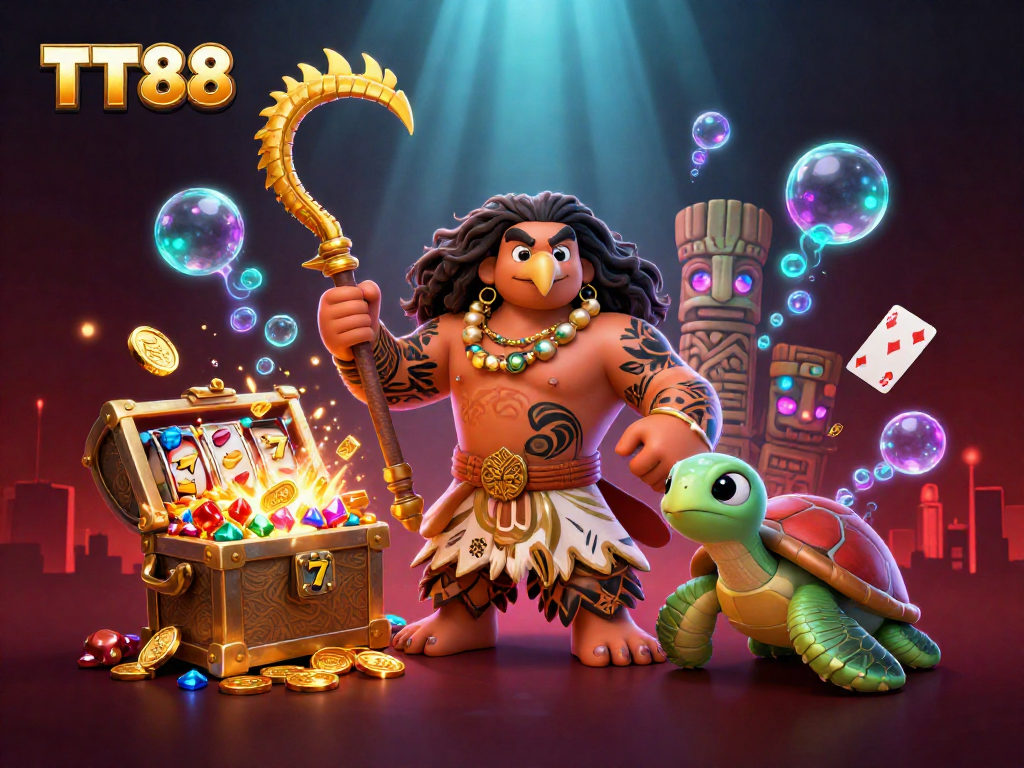 Experience the thrilling essence of TT88 with a vibrant underwater gaming scene featuring slots and treasure.