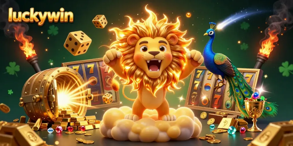 Experience thrilling gameplay at luckywin with dynamic jackpot-action 3D illustration full of excitement.