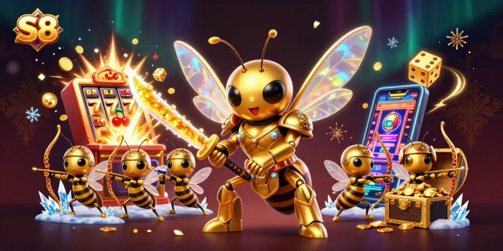 Experience thrilling gameplay at S8 with a vibrant slot machine scene bursting with prizes and excitement.