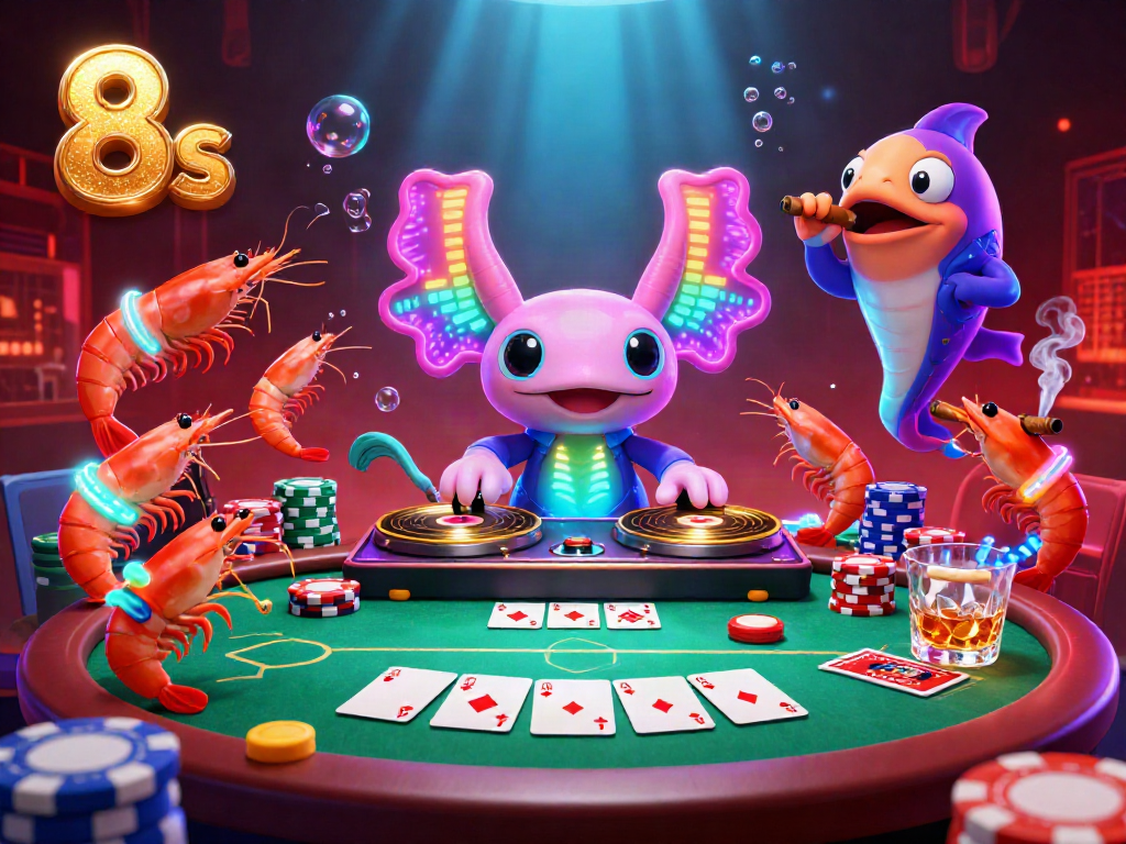 Experience the excitement of 8s casino gaming with vibrant underwater characters and poker elements.