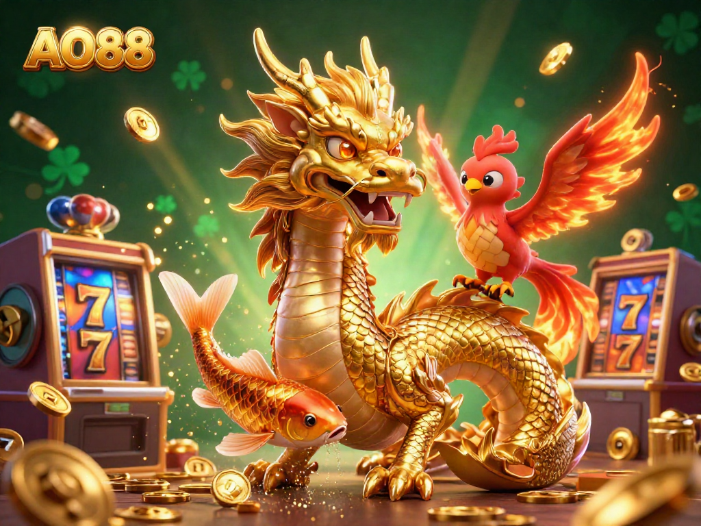 Spin and win at AO88 with a fierce dragon and vibrant slot machine elements in a dynamic casino scene.