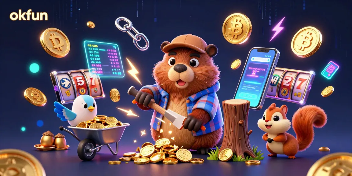 Experience okfun casino excitement with a cartoon lumberjack beaver surrounded by gold coins and cryptocurrencies.