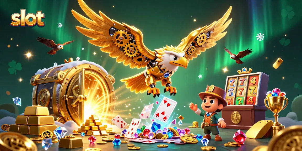 Experience thrilling slot action with a cybernetic eagle diving through cascading cards.