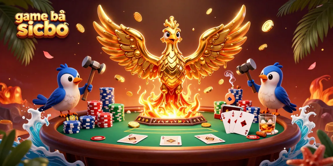 Engage with game bài sicbo featuring a molten metal phoenix and vibrant poker elements.