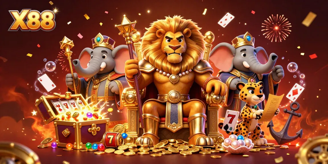 X88 offers thrilling gameplay with a lion king and friends amidst a vibrant casino scene bursting with gold.