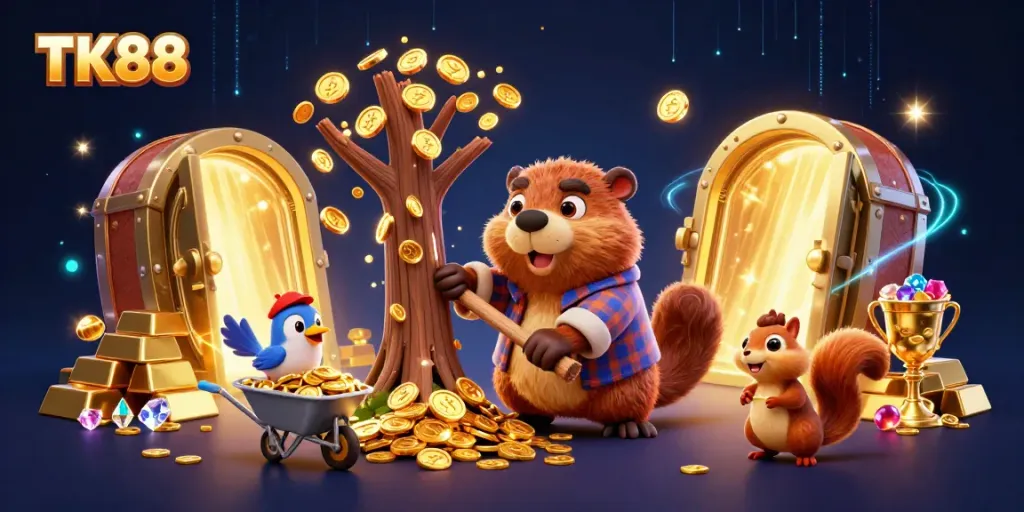 Engage with TK88's vibrant casino world featuring cartoon characters collecting coins amidst a treasure of gems.